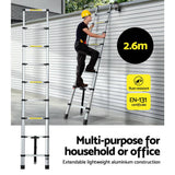 Darrahopens Tools Giantz 2.6M Telescopic Ladder Aluminium Extension Extendable Steps Adjustable Height