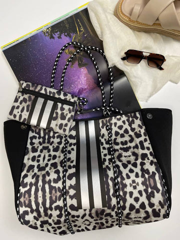 Darrahopens Women's Fashion > Handbags Neoprene Bag - Vegan Tote - 2 Piece Set - Stripe - Black & White Leopard
