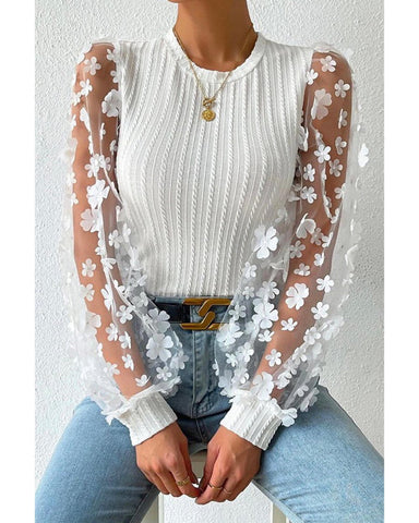 Darrahopens Women's Fashion > Tops & T-shirts Azura Exchange Applique Mesh Sleeves Textured Knit Blouse - L