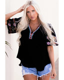 Darrahopens Women's Fashion > Tops & T-shirts Azura Exchange Embroidered V Neck Top with Tassel Drawstring - L