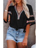 Darrahopens Women's Fashion > Tops & T-shirts Azura Exchange Embroidered V Neck Top with Tassel Drawstring - XL