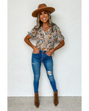 Darrahopens Women's Fashion > Tops & T-shirts Azura Exchange Multicolor Split V Neck Flower Print Blouse - S