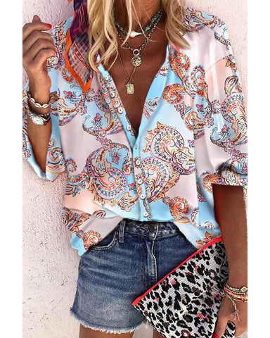 Darrahopens Women's Fashion > Tops & T-shirts Azura Exchange Paisley Print Lantern Sleeve Button-Down Shirt - M