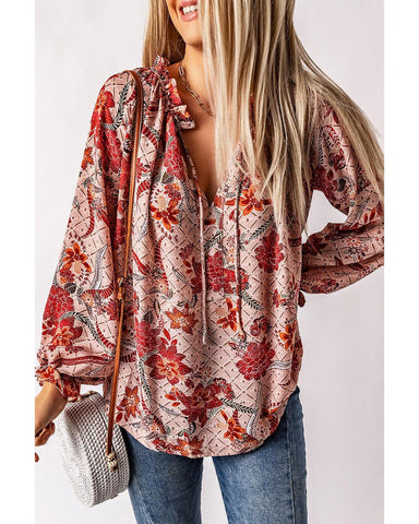 Darrahopens Women's Fashion > Tops & T-shirts Azura Exchange Printed Split V Neck Blouse - S