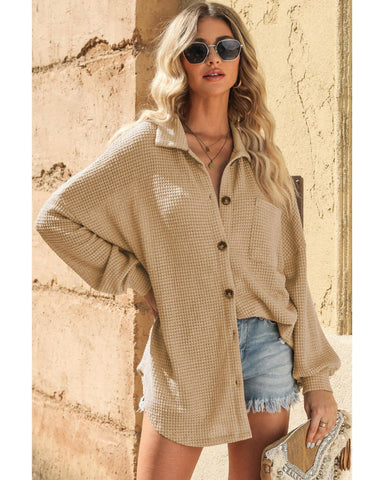 Darrahopens Women's Fashion > Tops & T-shirts Azura Exchange Waffle Knit Button Up Shirt - L