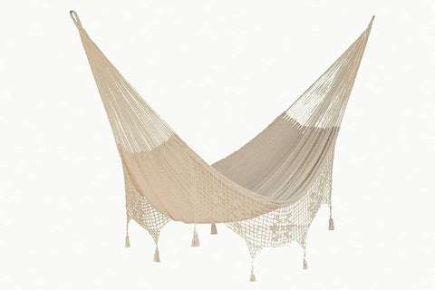 Mayan Legacy King Size Deluxe Outdoor Cotton Mexican Hammock in Cream Colour